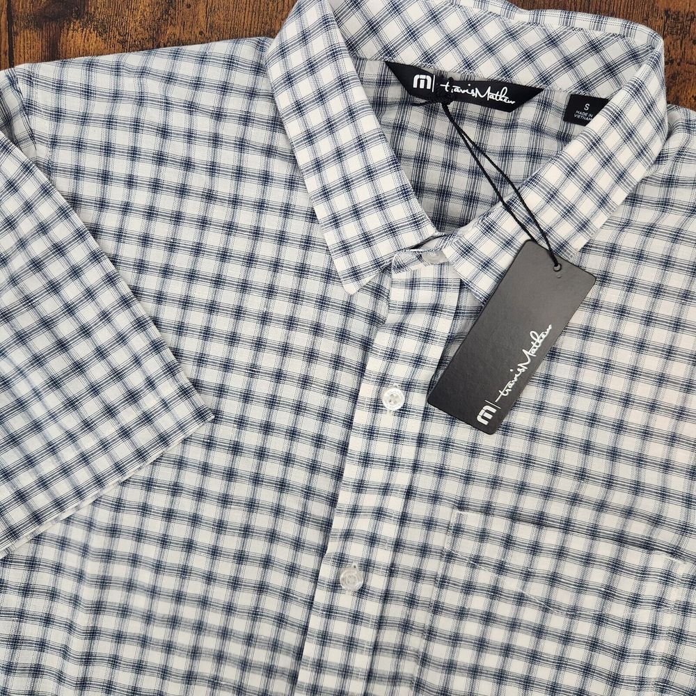 Travis Mathew Surry Hills Mens Small Gardenia Short Sleeve White Blue Check NWT‎